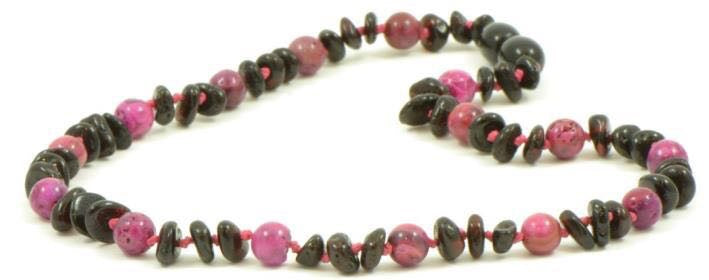 Teething necklace Amber with pink Agate