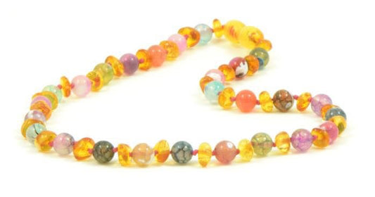 Teething necklace Amber with colourful Agate