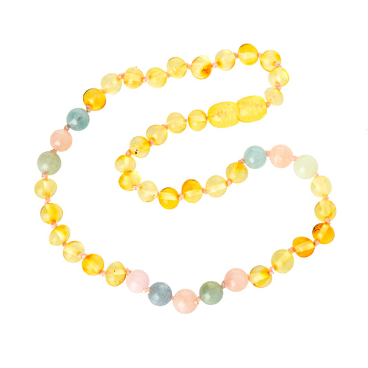 Teething necklace Amber with Morganite